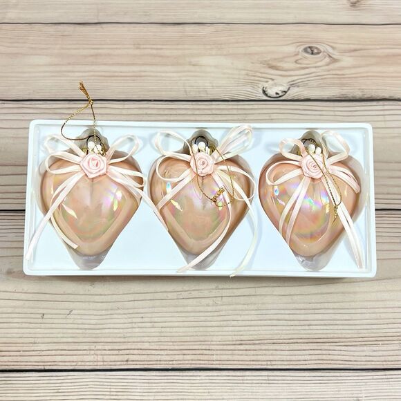 VTG Glass Heart Shaped Ornaments Lot of 3 Pink Iridescent Floral Bow Christmas - Picture 10 of 10